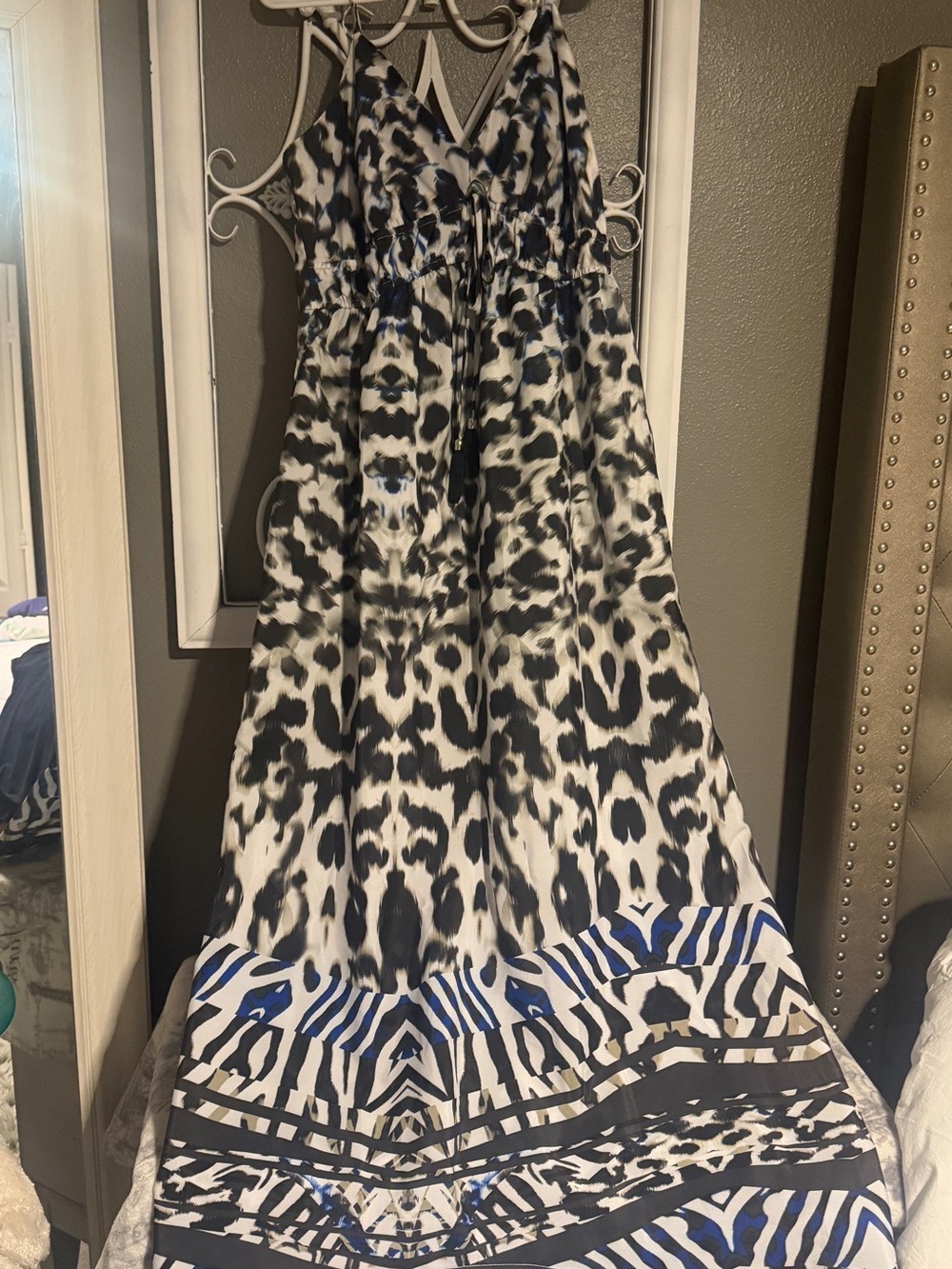 Jennifer Lopez Black and White Maxi Dress with Blue Trim